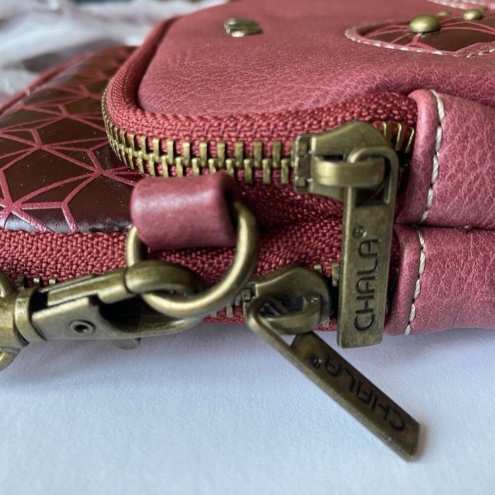 Chala Red Bird RFID Purse Crossbody Oxblood Red Small Travel Bag Long Strap - Picture 5 of 13